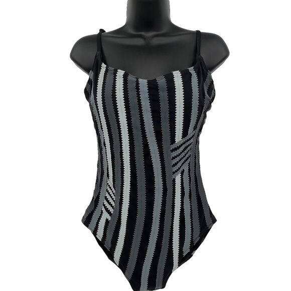Vintage Gottex Black Gray Pinked Striped‎ One Piece Sz 10 - Picture 1 of 3
